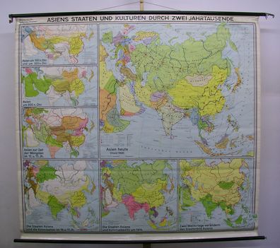 Schulwandkarte Asien Asia history 2000 Jahre Geschichte Wandkarte 210x194cm 1968