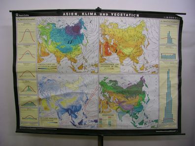 Schulwandkarte map Asien Wandkarte Karte Klima Vegetation Schule 222x157cm 1974