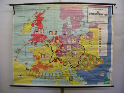 Schulwandkarte Gegenreformation Europa nach Luther 30jähiger Krieg 205x167 1960