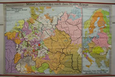 Schulwandkarte map Europa nach dem 30j. Krieg Wallenstein Tilly 1Mio 200x131c