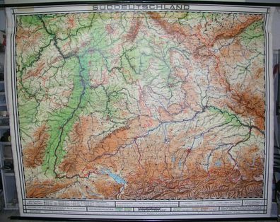 Schulwandkarte map Süddeutschland Bayern Baden München Alpen Alps 1958 233x190cm