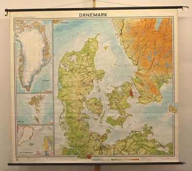 Schulwandkarte school wall map Dänemark DK Danmark Denmark 210x191cm top 1964