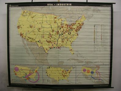 Schulwandkarte map USA Industrie havy industry Haack Gotha 3,5Mio, 1965, 205x162