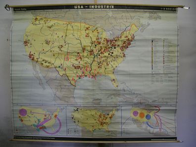 Schulwandkarte map USA Industrie havy industry Haack Gotha 3,5Mio, 1970, 195x157