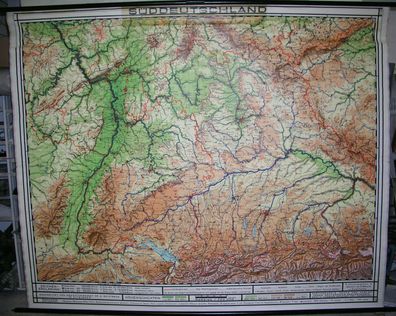 Schulwandkarte map Süddeutschland Bayern Baden München Alpen Alps 1958 233x190