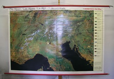 Schulwandkarte schöne Alpenkarte 196x134 1982 vintage Alpenbogen aus 915km Höhe