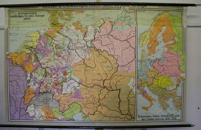 Schulwandkarte map Europa nach dem 30j. Krieg Wallenstein Tilly 201x130 1961