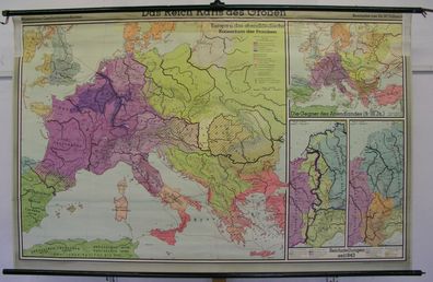 Schulwandkarte map Karl der Grosse 768-814 Kaiser Papst Franken 206x131cm 1956