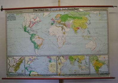 Schulwandkarte schöne alte Weltkarte 17.-18. Jahrh 199x133 vintage world map 1975