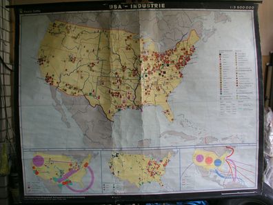 Schulwandkarte map USA Industrie havy industry Haack Gotha 3,5Mio, 1970, 203x161