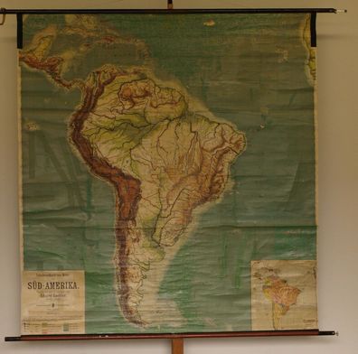Schulwandkarte Südamerika South America physisch 189x203cm 1912 vintage wall map