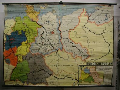 Schulwandkarte Wandkarte map Karte Deutschland dreigeteilt ca.1962 222x165 500T