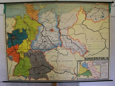 Schulwandkarte Wandkarte map Karte Deutschland dreigeteilt ca.1962 228x168 500T