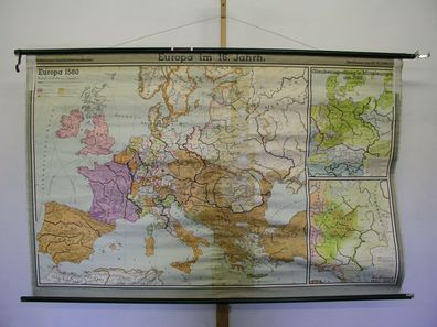 schöne alte Schulwandkarte Europa 16. Jh. Europe century history map 203x130 1955