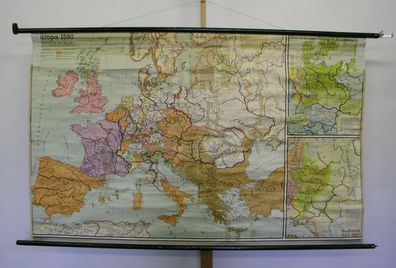 schöne alte Schulwandkarte Europa 16. Jh. Europe century history map 196x121 1954