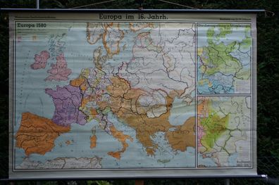 schöne alte Schulwandkarte Europa 16. Jh. Europe century history map 203x135 1955