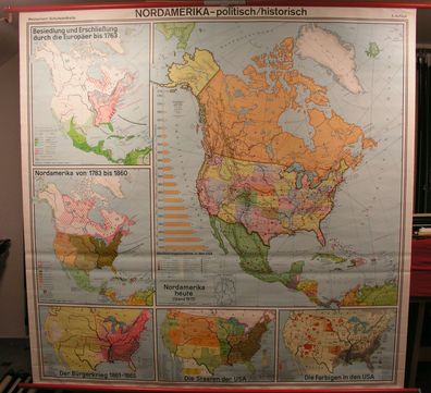 USA Nordamerika Entdeckung Entwicklung von 1492-1975 201x197cm Wandkarte vintage