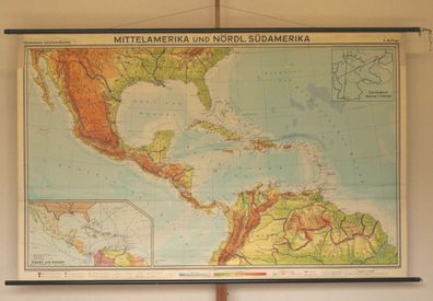 Wandkarte Mittelamerika Karibik Mexiko Kuba 245x155 1968 vintage CubaCaribic map