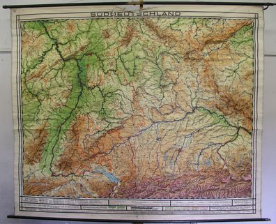 Schulwandkarte map Süddeutschland Bayern Baden München Alpen Alps 1955 236x198cm