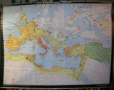 Schulwandkarte schöne alte Römisches Reich 1980 214x160 vintage map Caesar Nero