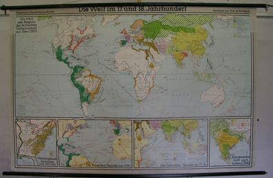 Schulwandkarte map Die Welt 17 18. Jh Weltkarte Erdkarte Karte 202x134 vintage