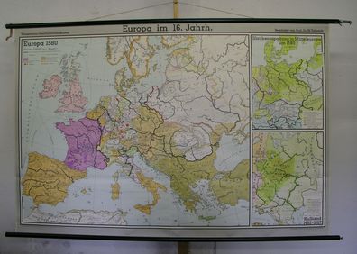 Schulwandkarte schöne alte Wandkarte Europakarte 16. Jahrhundert 204x134cm 1966