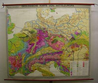 Schulwandkarte wunderschöne alte Geologie Mitteleuropas 202x176cm 1975 vintage