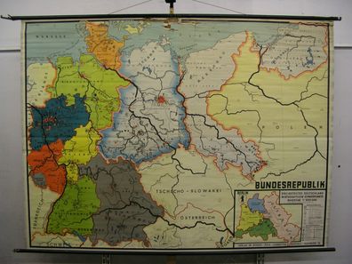 Schulwandkarte Wandkarte map Karte Deutschland dreigeteilt ca. 1962 229x170 500T