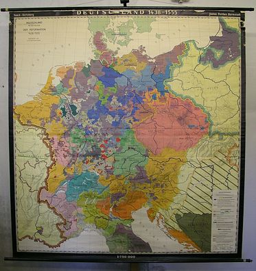 Schulwandkarte Deutschland Germany 1438-1555 Luther Reformation 196x209 1958 map