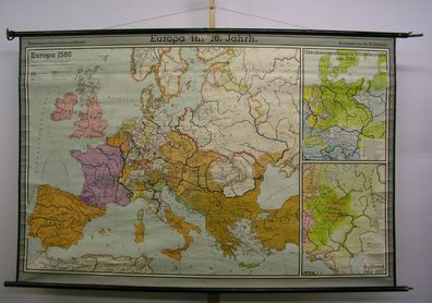 Schulwandkarte schöne alte Wandkarte Europakarte 16. Jahrhundert 204x133cm 1954