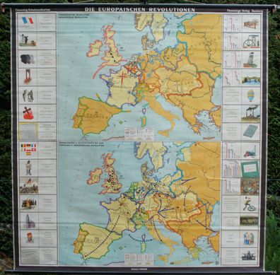 Wandkarte Europäische Revolutionen Hecker Garibaldi Schnellpresse 187x194cm 1960