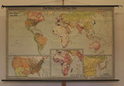 Schulwandkarte Weltkarte 1783-1914 vintage world school wall map 202x134cm 1959