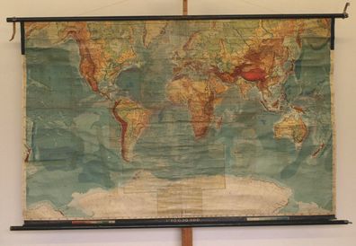 Wandkarte physische Weltkarte Erde Deutschland 1915 produziert 205x132 vintage
