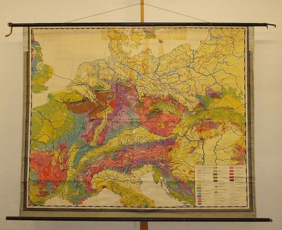wall roll map Geology Central Europe 208x170cm 1960 patina vintage geological