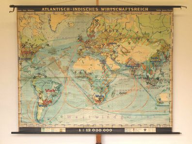Wandkarte schöne alte Weltkarte Erde Wirtschaft 1/2. Teil 1942 215x172cm vintage