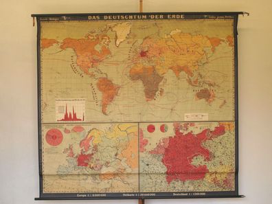 Schul-Wandkarte Das Deutschtum der Erde 217x197 1929 vintage german diaspora map