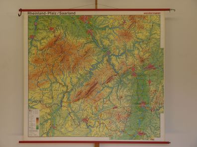 Rheinland-Pfalz und Saarland physisch 1981 Schulwandkarte Wandkarte 203x188cm