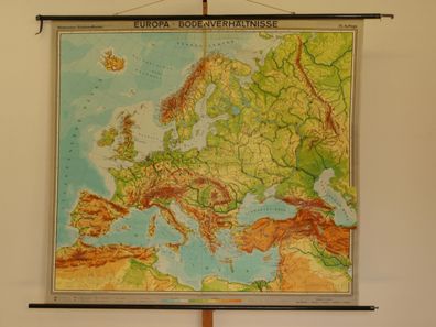Europakarte physisch Bodenverhältnisse 1965 Schulwandkarte Wandkarte 196x179cm