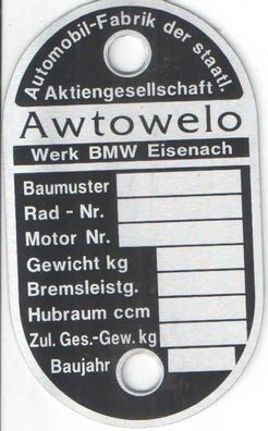 Typenschild BMW, Awtowelo, R 35, Alu, Blanko, Neu, Motorrad, Oldtimer