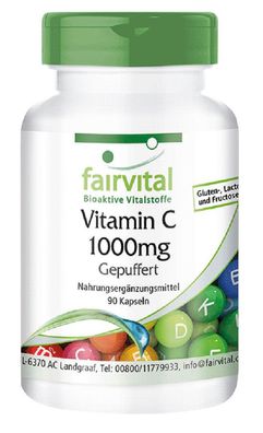 Vitamin C 1000mg gepuffert - 90 Kapseln, Großpackung für 3 Monate fairvital