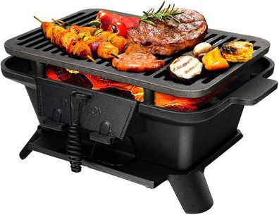 Campinggrill Gusseisen Holzkohle BBQ Holzkohlegrill tragbar Reisegrill 40x27x18cm