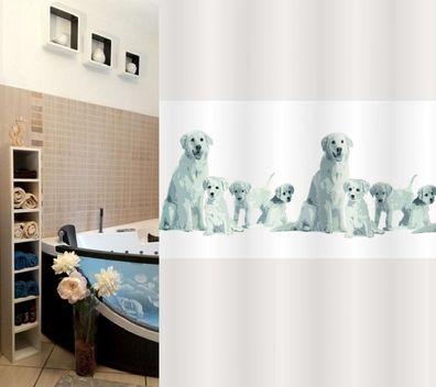 Family Grey/ Grau Fotorealistischer Textilduschvorhang 180x200cm. Hundenmotiv.