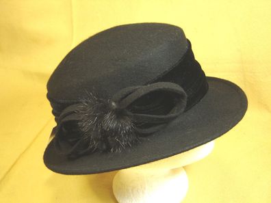 Damenhut elegant Wollfilz schwarz mit schwarzem Samtband und Schleife D49129