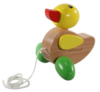 SpielMaus Nachzieh-Ente aus lackiertem Holz Holzspielzeug Nachziehtier ab 12m