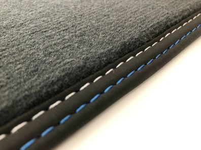 Fußmatten für VW Taigo Velours schwarz oder anthrazit Doppelnaht blau-weiß