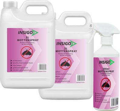 INSIGO 2x2L + 500ml Mottenspray Mottenschutz gegen Kleidermotten Lebensmittelmotten