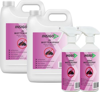 INSIGO 2x2L + 2x500ml Mottenspray Mottenschutz gegen Kleidermotten Lebensmittelmotten