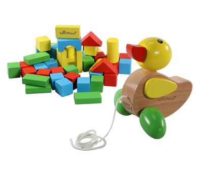 SpielMaus Holzspielzeug Set ab 1 Jahr Holz Bausteine Bauklötze Nachziehtier Ente