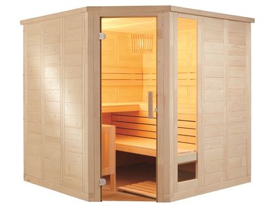 Sentiotec Komfort Corner Sauna 206 x 206 x 204 cm 5-Eck Massivholz schnell lieferbar