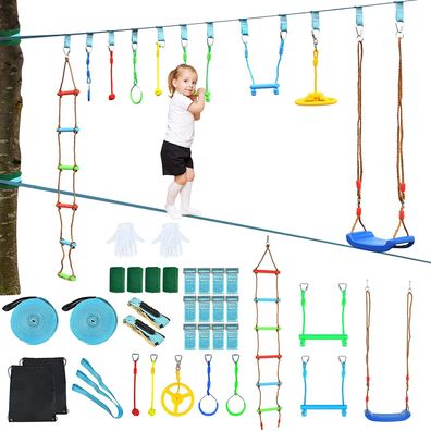 15M Kinder Slackline hängende 9 Hindernisse, Klettergerüst Ninja-Hindernis-Set 300kg